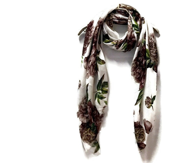 Brown Peony Flower White Cashmere Blend Scarf/Summer Autumn Winter Scarf/Gifts For Mother/Gifts For Her/Scarf Women/Birthday Gifts/Gift Idea
