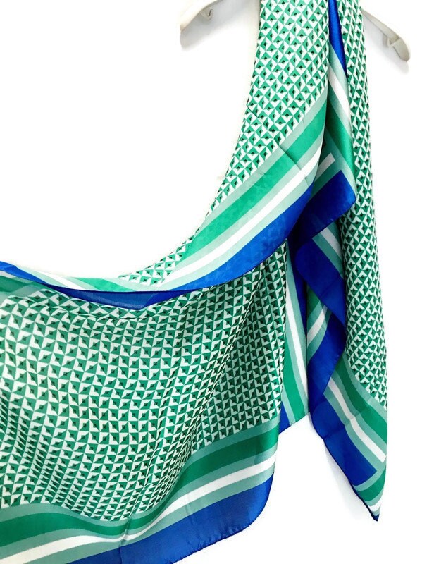 Mosaic Tiles Pattern Blue Trim Green Silk Scarf/Spring Summer Scarf/Gifts For Her/Gifts For Mom/Scarves For Women/Birthday Gifts
