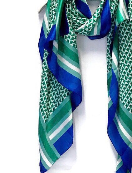 Mosaic Tiles Pattern Blue Trim Green Silk Scarf/Spring Summer Scarf/Gifts For Her/Gifts For Mom/Scarves For Women/Birthday Gifts