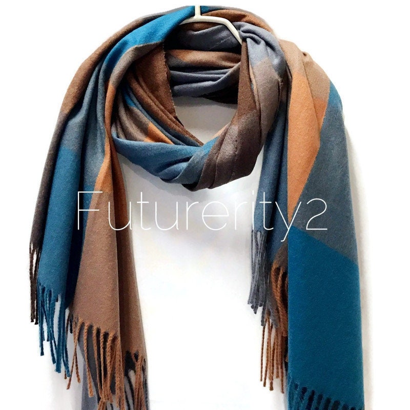 Blocks Pattern Blue Brown Cashmere Blend Scarf/Winter Autumn Scarf/Gifts For Mother/Gifts For Her/Scarves Women/Christmas Birthday Gifts