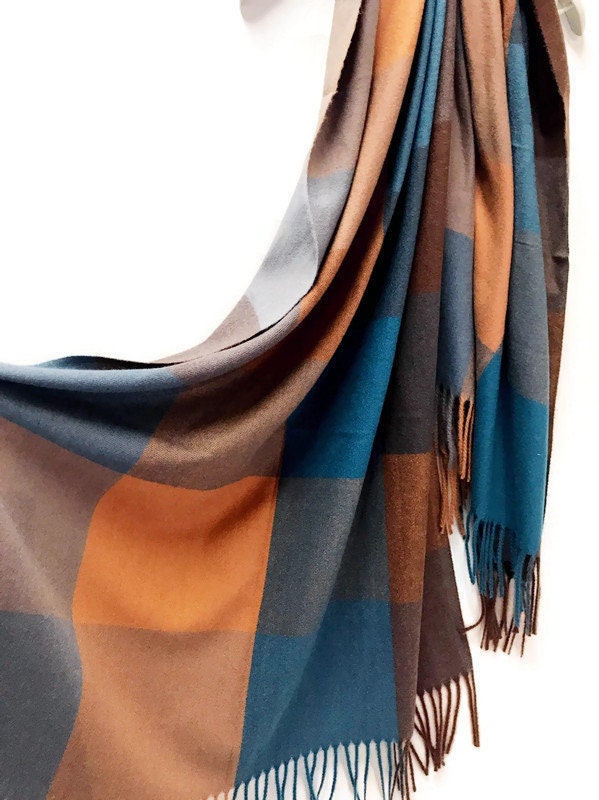 Blocks Pattern Blue Brown Cashmere Blend Scarf/Winter Autumn Scarf/Gifts For Mother/Gifts For Her/Scarves Women/Christmas Birthday Gifts