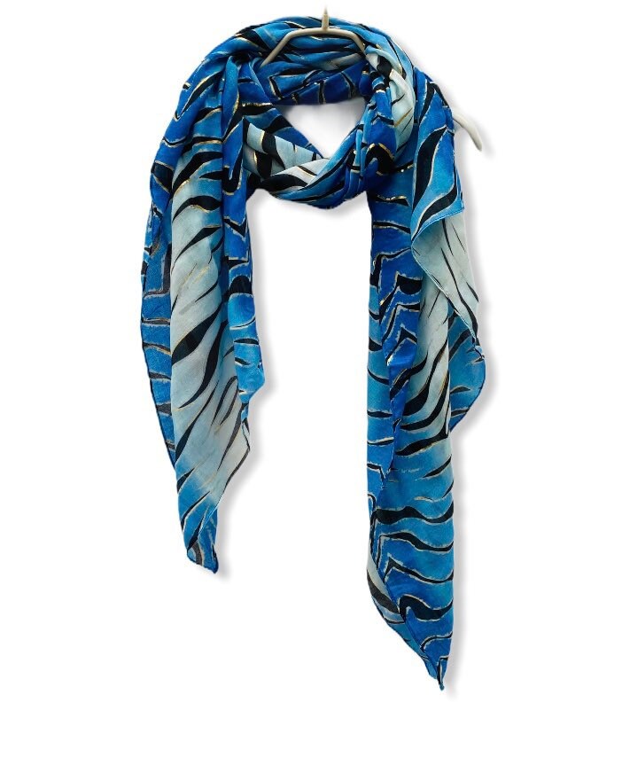 Zebra Print With Gold Accents Blue Cotton Scarf/Spring Summer Autumn Scarf/Gifts For Her/Gifts For Mother/Scarves For Women/Christmas Gifts