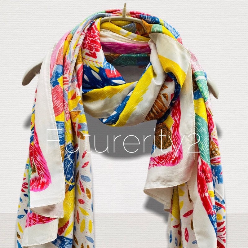 Sketched Tropical Flowers Silk Cotton Scarf with Pink Trim Off White Scarf/Spring Summer Scarf/Gifts For Her/Gifts For Mother/Birthday Gifts
