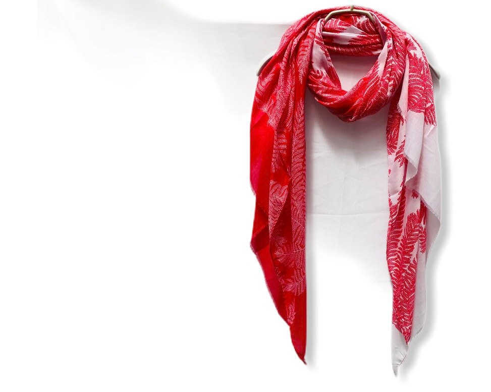 Two Toned Fern leafs Print Red White Cotton Scarf