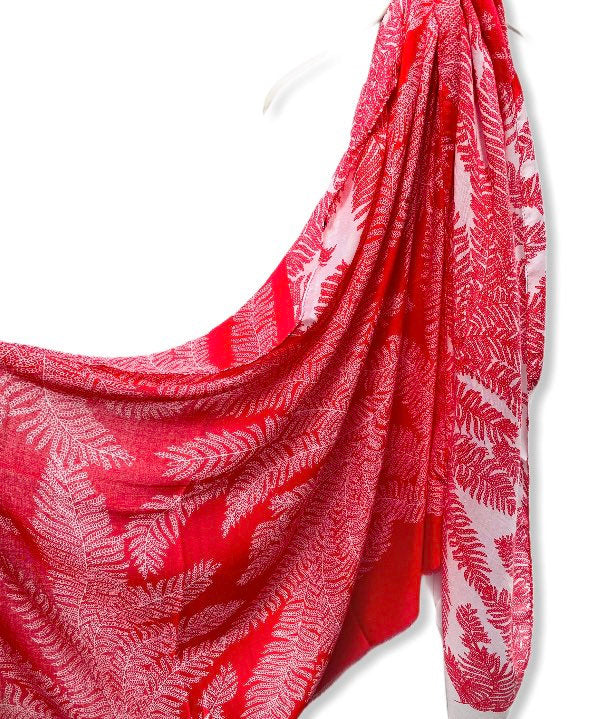 Two Toned Fern leafs Print Red White Cotton Scarf/Spring Summer Autumn Scarf/Gifts For Mother/Gifts For Her/Scarves Women/Birthday Gifts