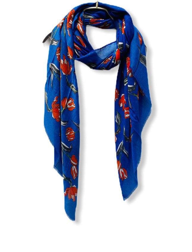 Sketched Tulips Flower Blue Cotton Scarf