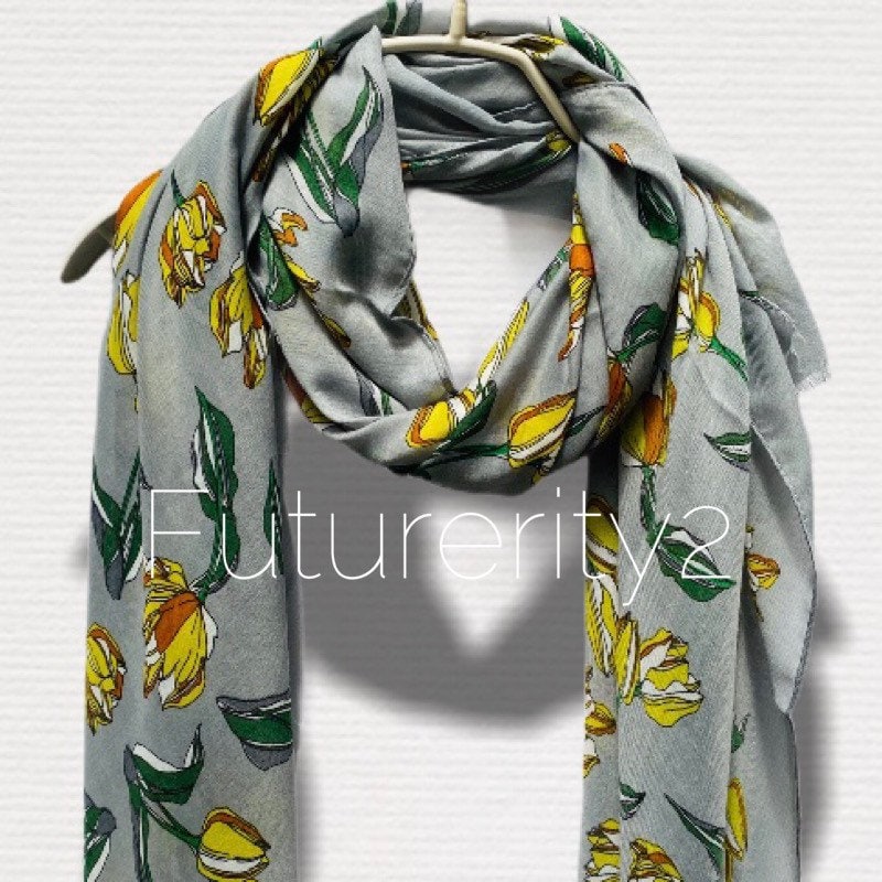 Sketched Tulips Flower Grey Cotton Scarf