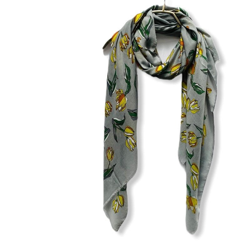 Sketched Tulips Flower Grey Cotton Scarf/Summer Scarf/Gifts For Her/Gifts For Mother/Scarves Women/Birthday Gifts/Christmas Gifts/UK Seller