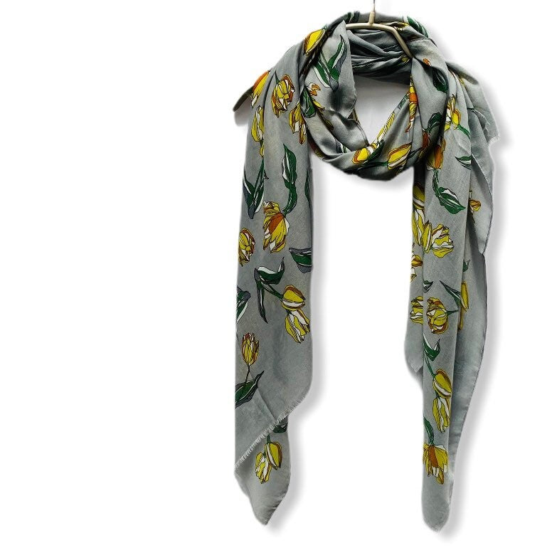 Sketched Tulips Flower Grey Cotton Scarf