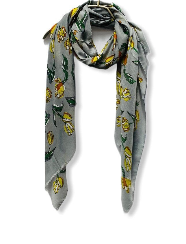 Sketched Tulips Flower Grey Cotton Scarf