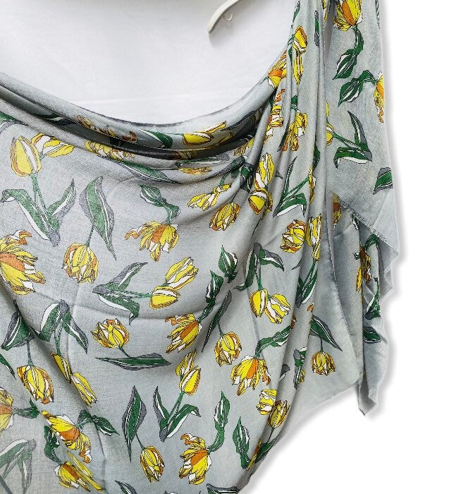 Sketched Tulips Flower Grey Cotton Scarf