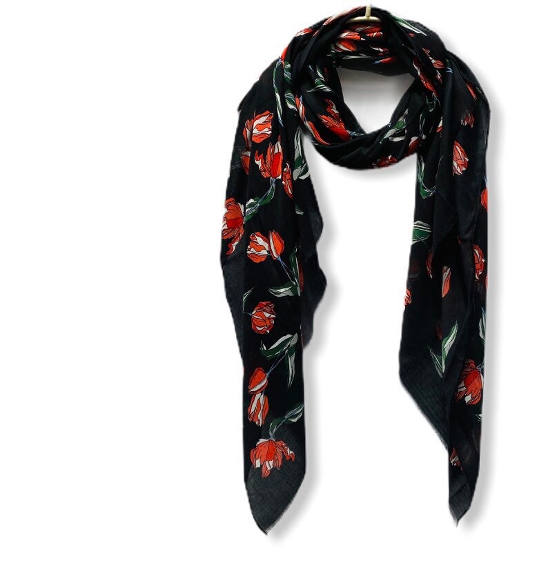 Sketched Tulips Flower Black Cotton Scarf