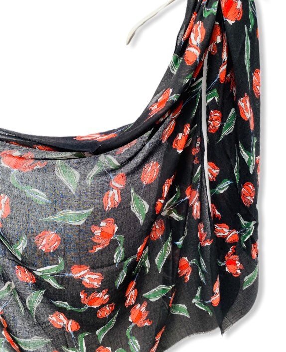 Sketched Tulips Flower Black Cotton Scarf