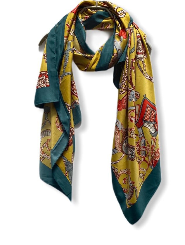 Vintage Inspired Chain & Tassels Print With Green Trim Yellow Silk Scarf/Spring Summer Scarf/Scarves Women/Gifts For Her/Gifts For Mom