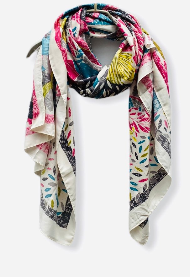 Sketched Tropical Flowers Silk Cotton With Grey Trim Off White Scarf/Spring Summer Scarf/Gifts For Her/Gifts For Mom/Scarves Women