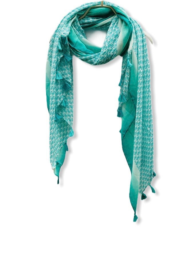 Vectors Of Leaves With Tassels Light Blue Cotton Scarf/Spring Summer Scarf/Gifts For Mother/Gifts For Her/Scarves For Women/Birthday Gifts
