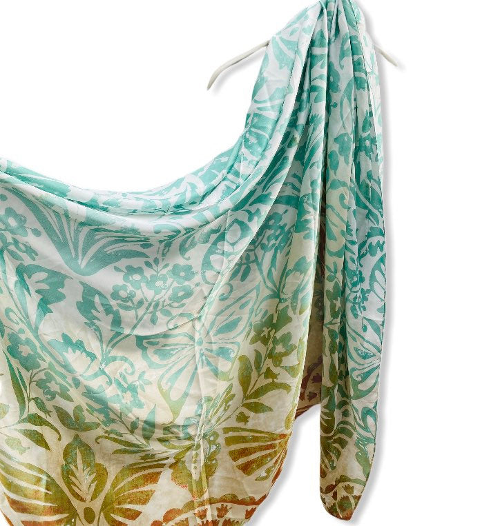 Two Toned Rustic Flowers Pattern Blue Brown Silk Scarf/Spring Summer Scarf/Gifts For Mother/Gifts For Her/Scarves For Women/Birthday Gift