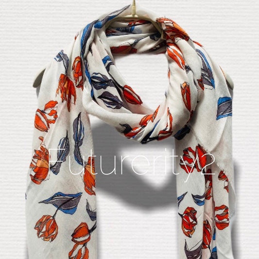 Sketched Tulips Flower White Cotton Scarf/Spring Summer Scarf/Gifts For Her/Gifts For Mother/Scarves Women/Birthday Gifts/Christmas Gifts