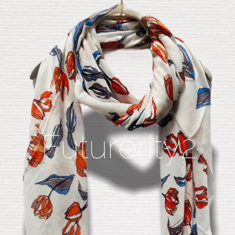 Sketched Tulips Flower White Cotton Scarf
