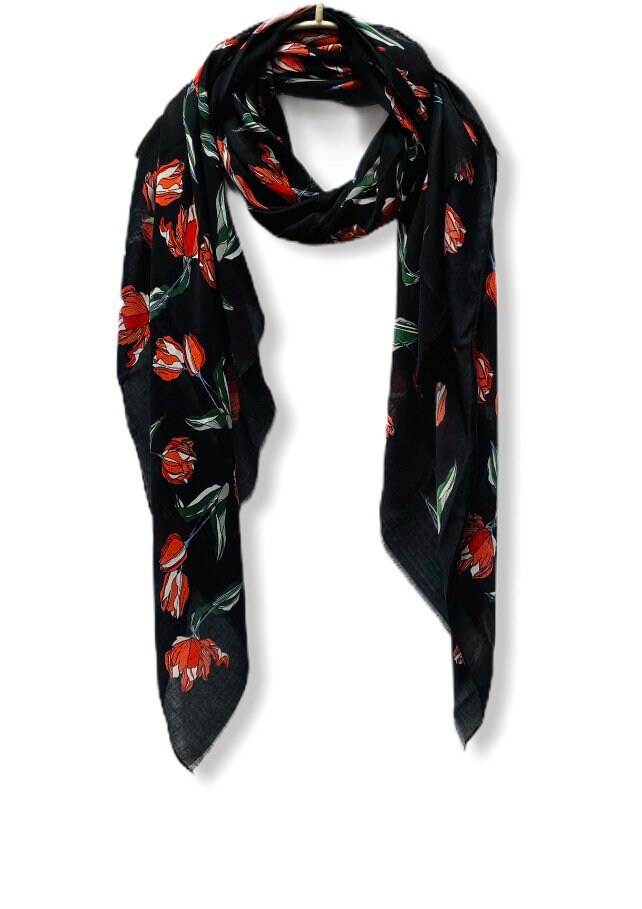 Sketched Tulips Flower Black Cotton Scarf