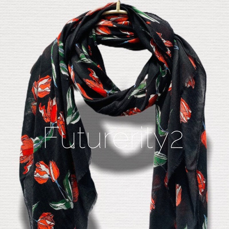 Sketched Tulips Flower Black Cotton Scarf