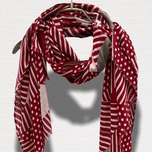 Lines And Spots Pattern Maroon Red  Cotton Scarf/Gifts For Mother/Gifts For Her/Scarves Women/Spring Summer Autumn Scarf/Birthday Gifts