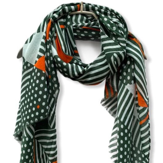 Lines And Spots Pattern Green Orange Cotton Scarf/Gifts For Mother/Gifts For Her/Scarves Women/Spring Summer Autumn Scarf/Birthday Gifts