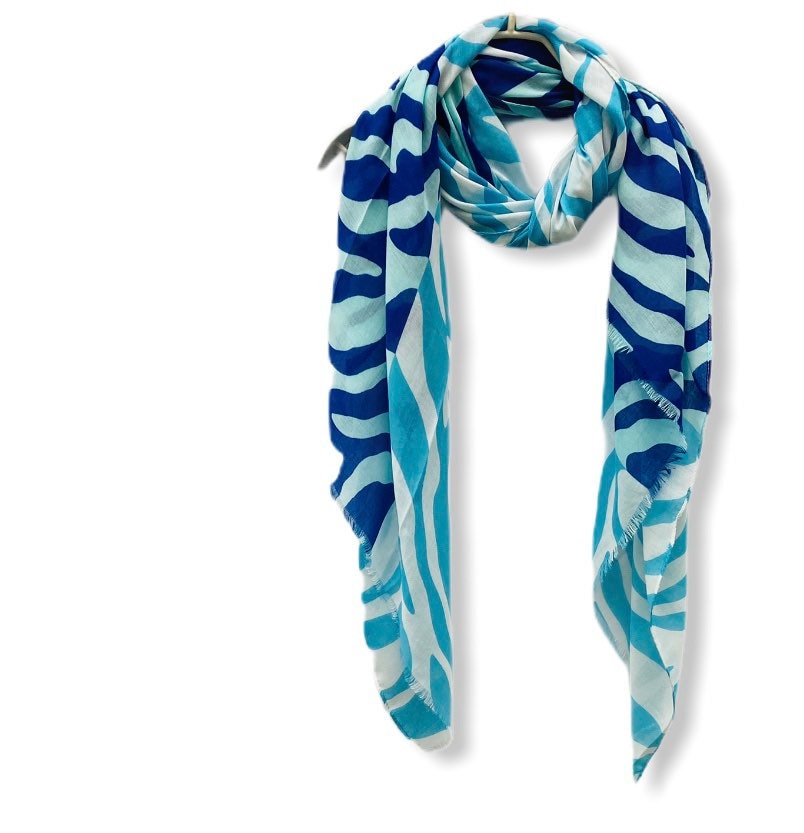 Two Toned Blue Zebra Pattern White Cotton Scarf/Summer Scarf/Scarf & Wrap/Gifts For Mom/Scarf Women/Gifts For Her Birthday/UK Seller