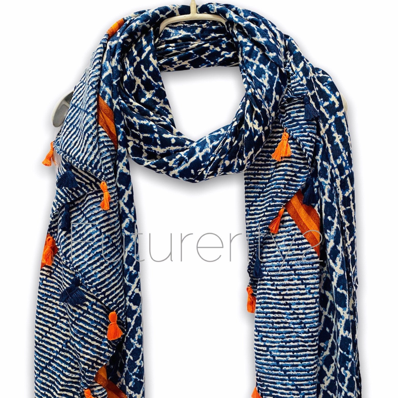 Tweed Pattern With Orange Tassels Blue Cotton Scarf