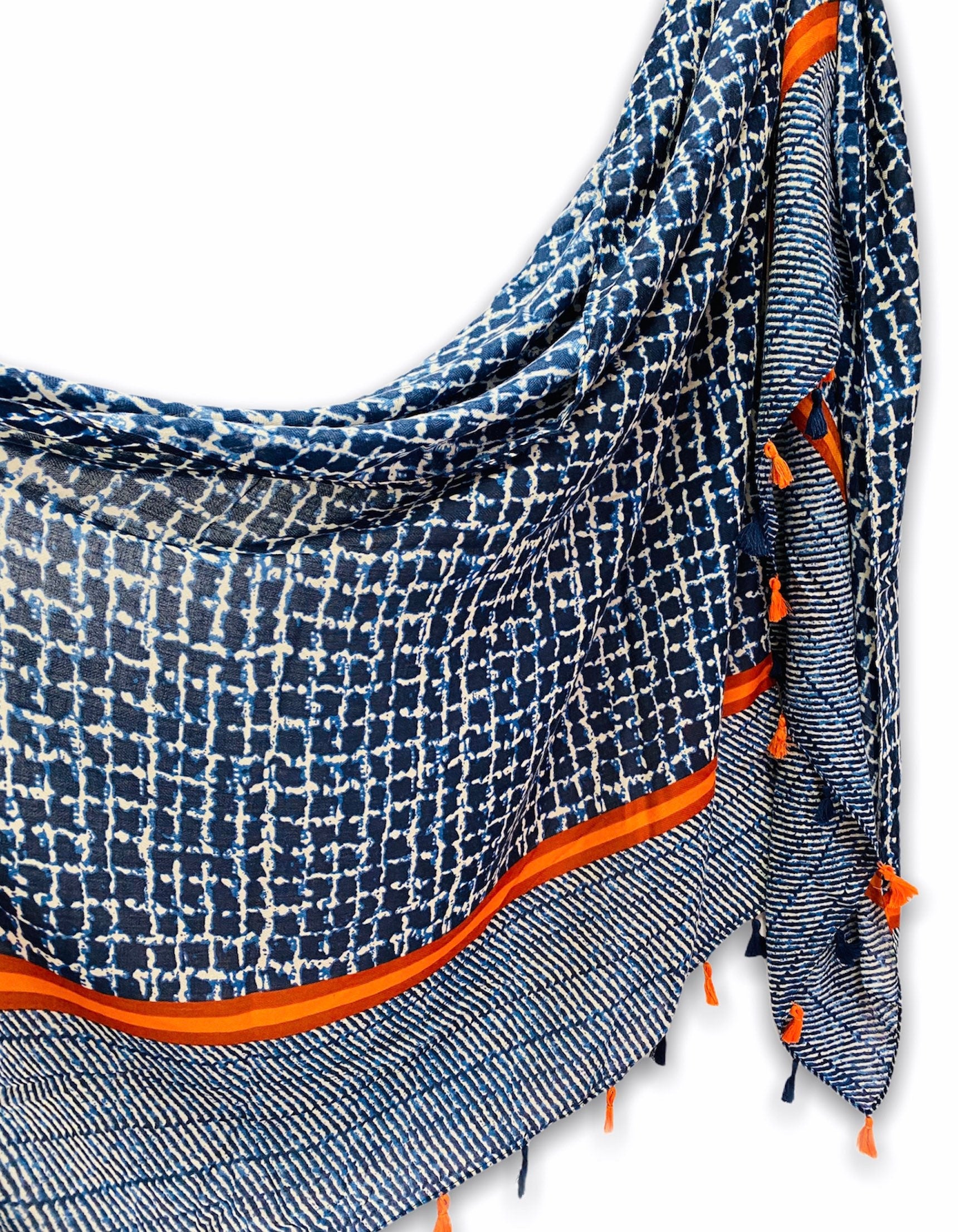 Tweed Pattern With Orange Tassels Blue Cotton Scarf