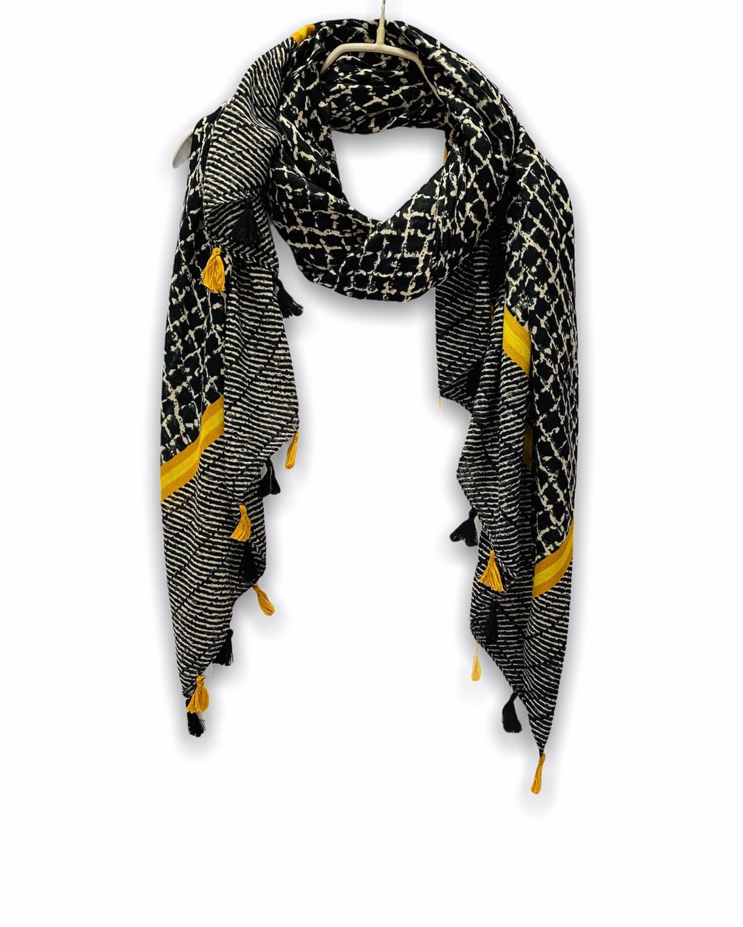 Tweed Pattern With Yellow Tassels Black Cotton Scarf/Spring Summer Autumn Scarf/Gifts For Mom/Gifts For Her/Scarf Women/Birthday Gifts