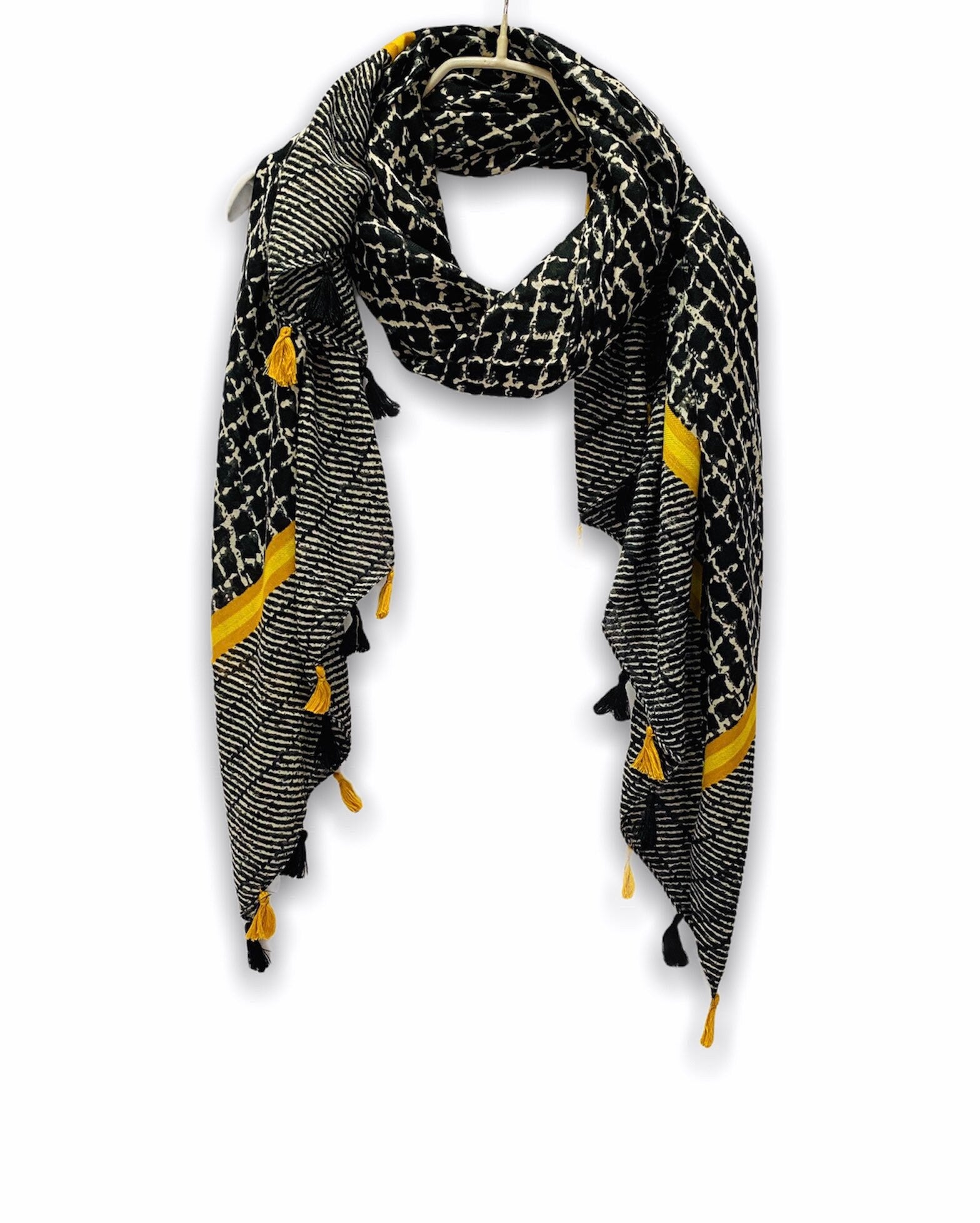 Tweed Pattern With Yellow Tassels Black Cotton Scarf