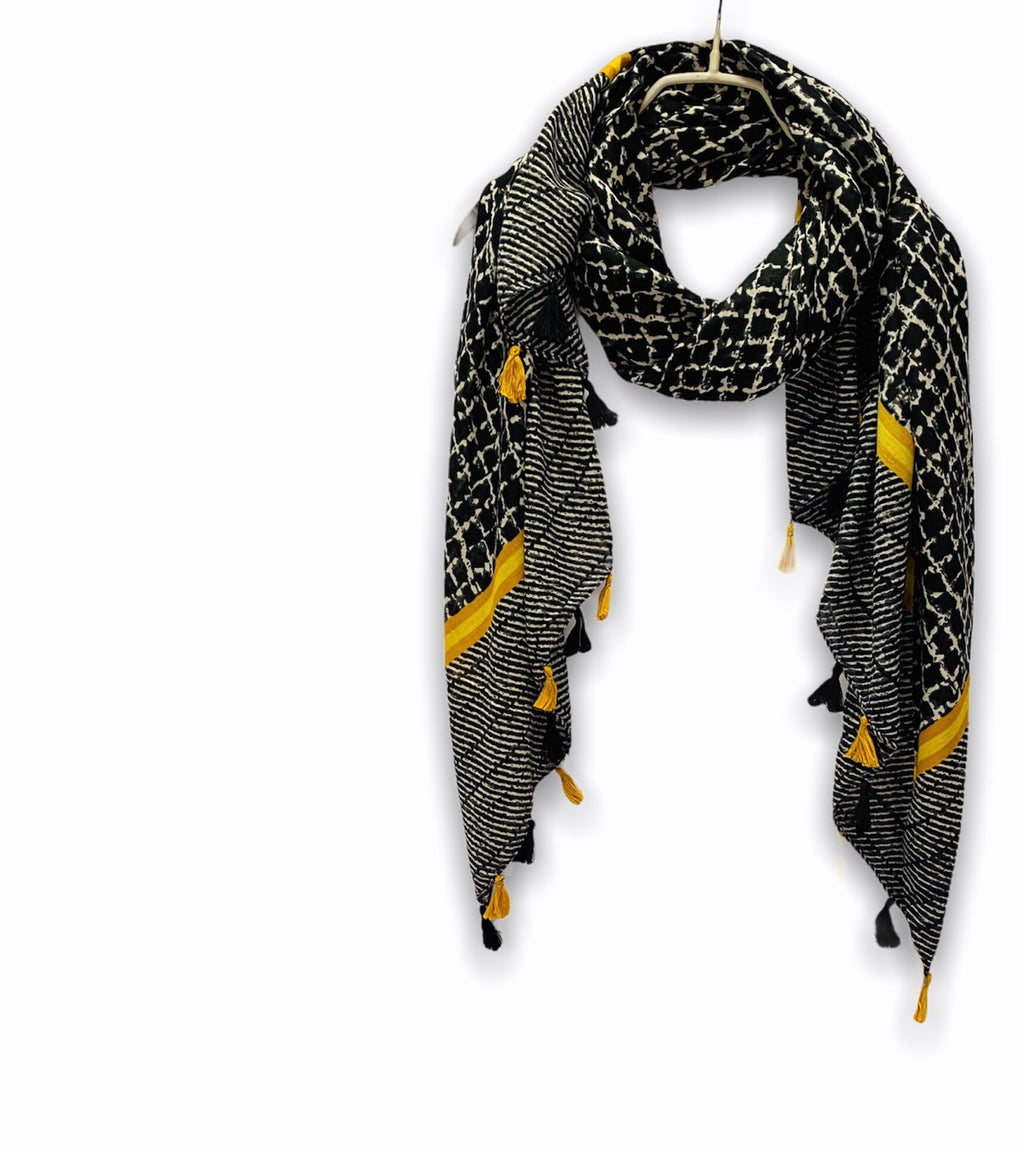 Tweed Pattern With Yellow Tassels Black Cotton Scarf