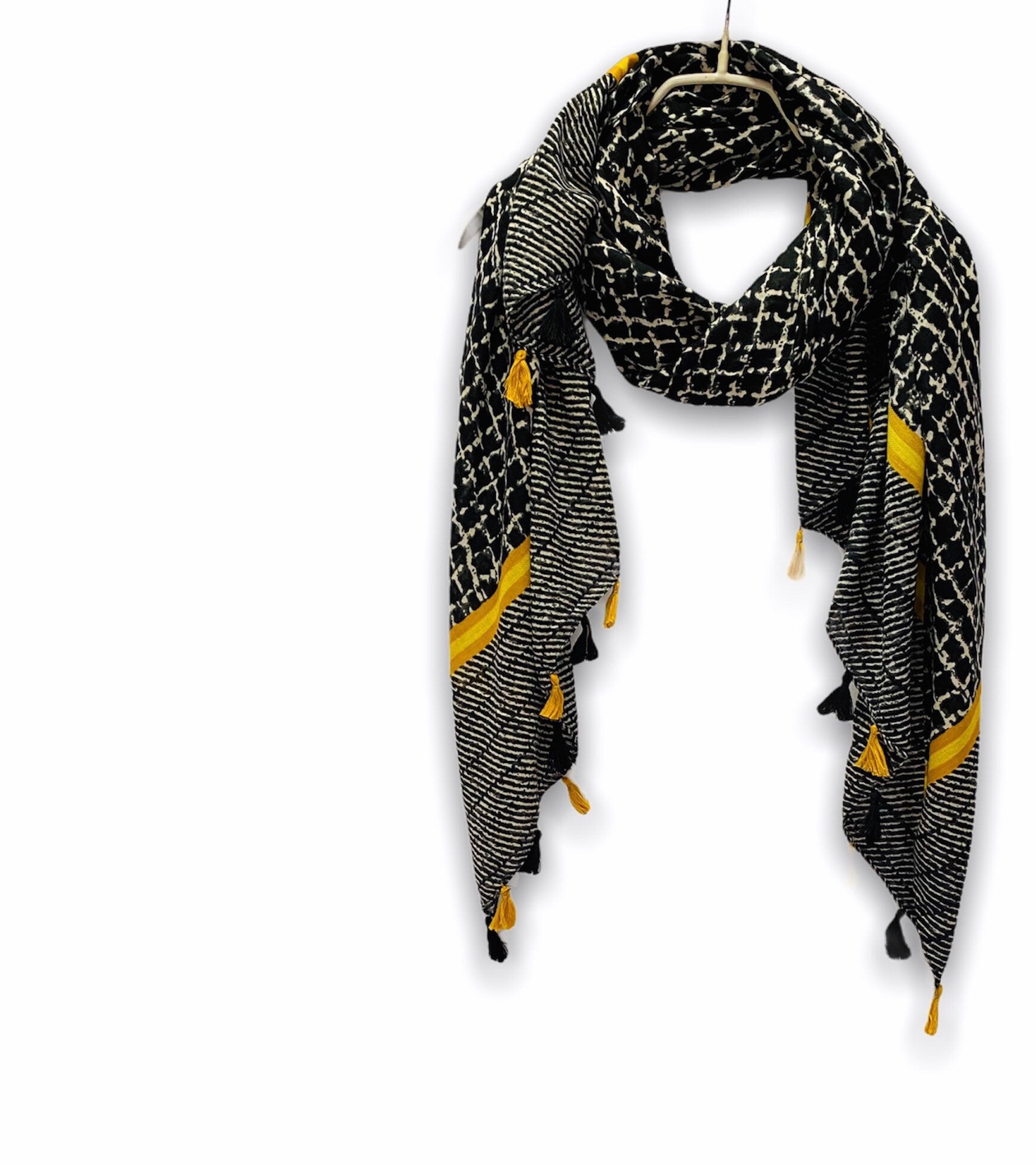 Tweed Pattern With Yellow Tassels Black Cotton Scarf