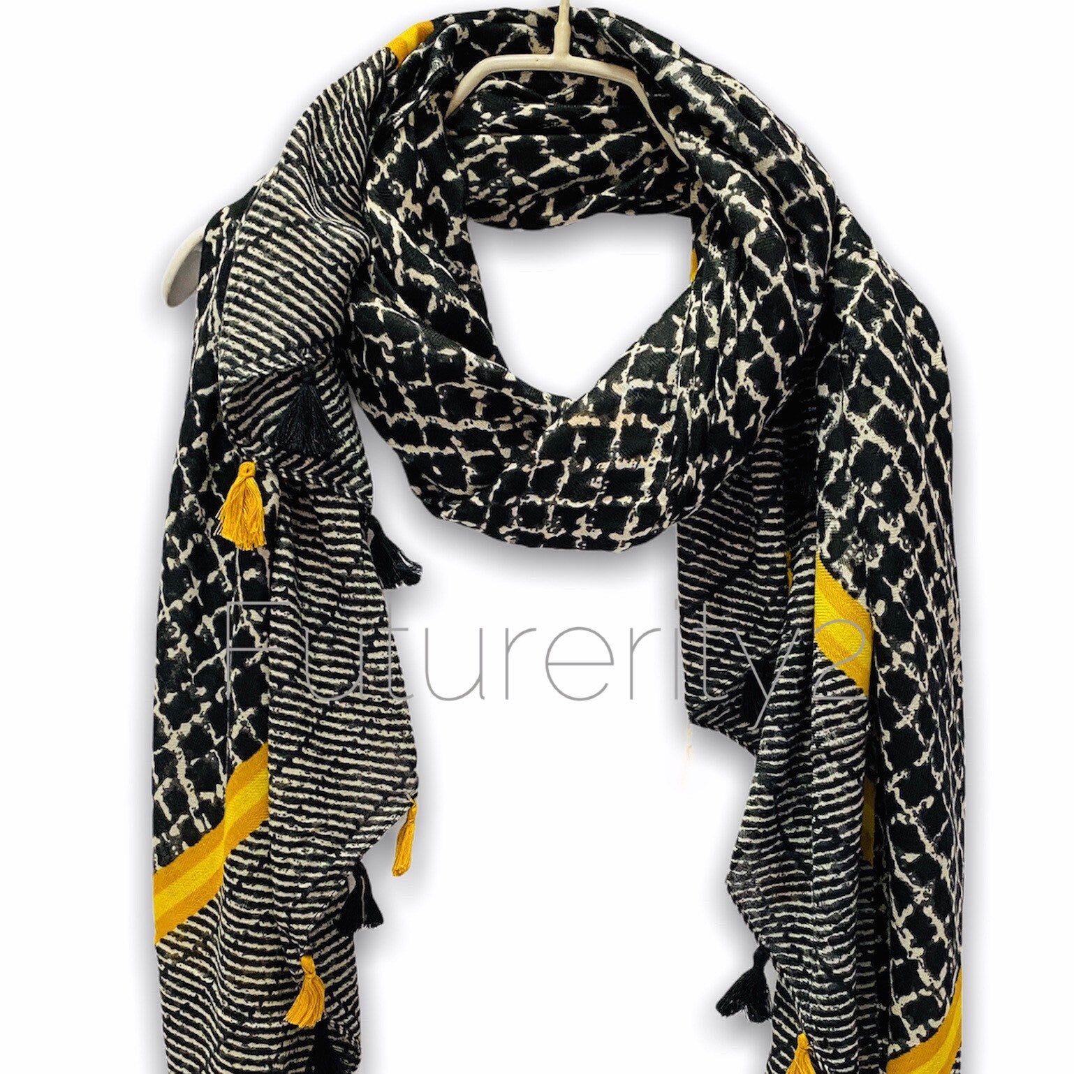 Tweed Pattern With Yellow Tassels Black Cotton Scarf