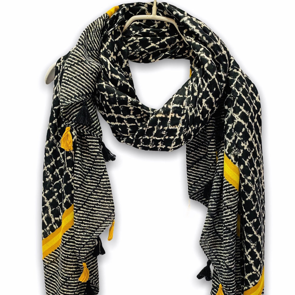 Tweed Pattern With Yellow Tassels Black Cotton Scarf