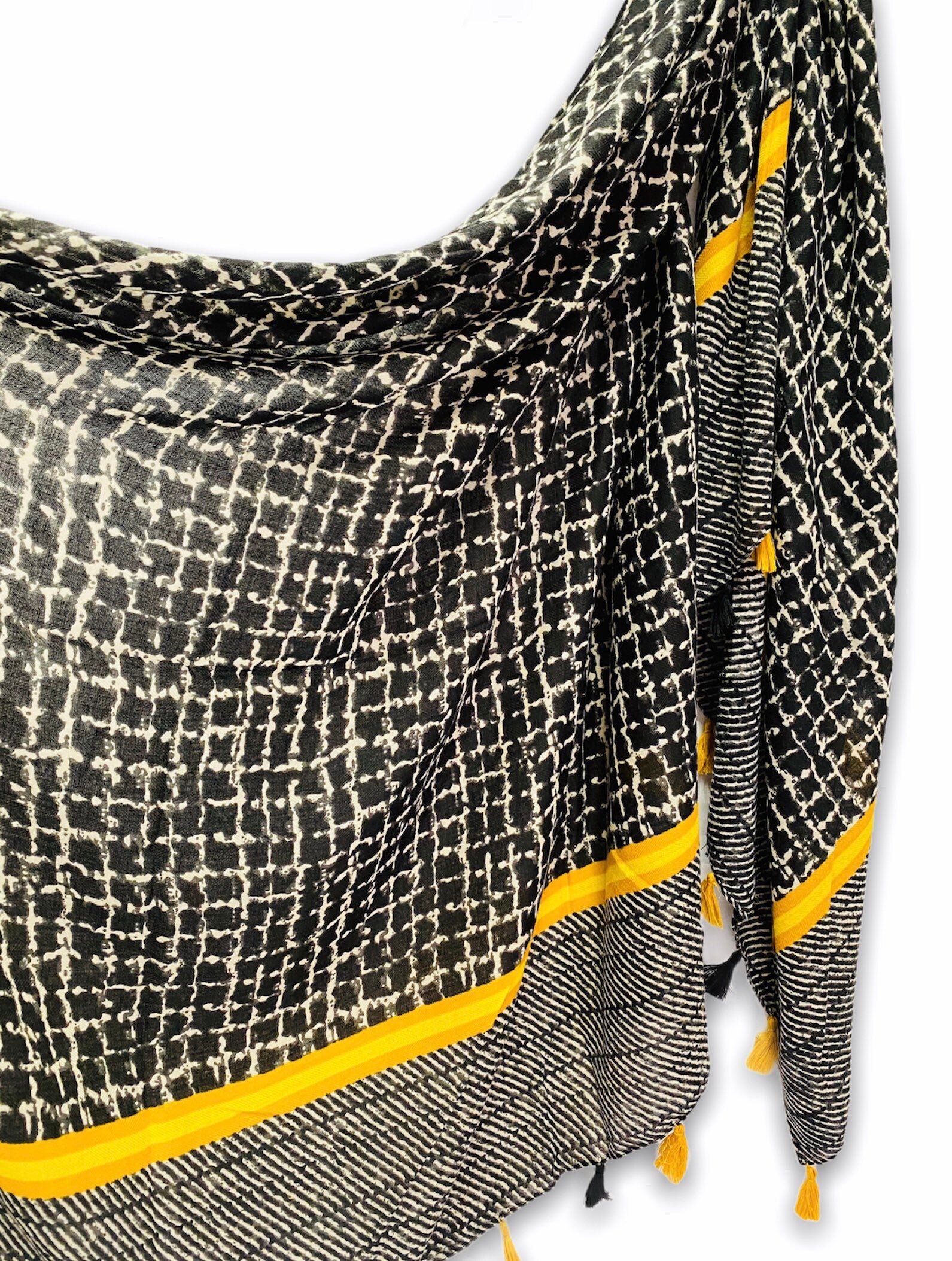 Tweed Pattern With Yellow Tassels Black Cotton Scarf