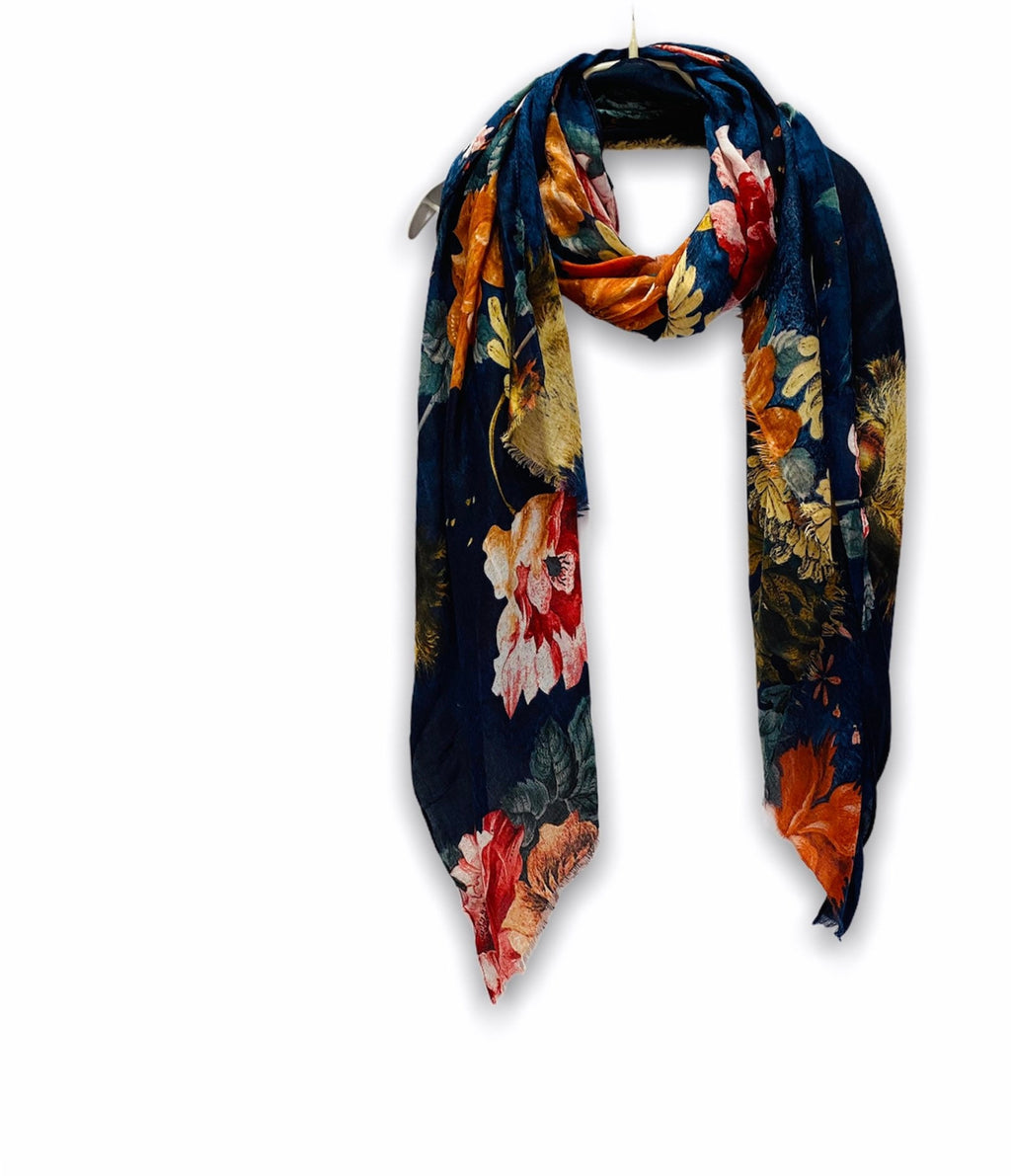 Vintage Peony Flowers Blue Cotton Scarf