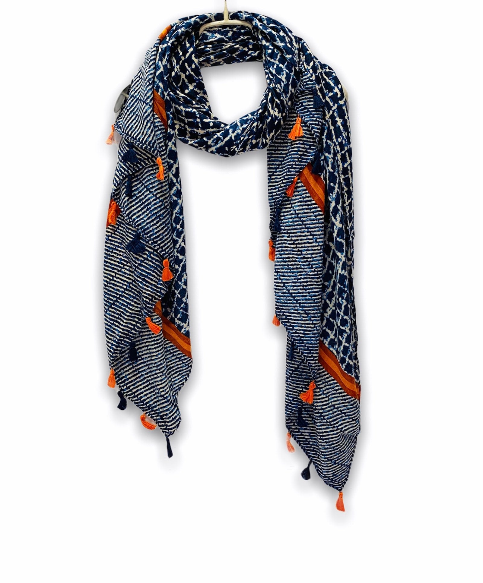 Tweed Pattern With Orange Tassels Blue Cotton Scarf