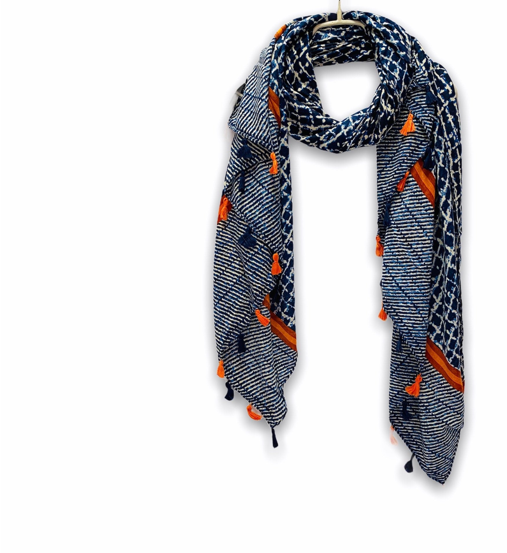 Tweed Pattern With Orange Tassels Blue Cotton Scarf