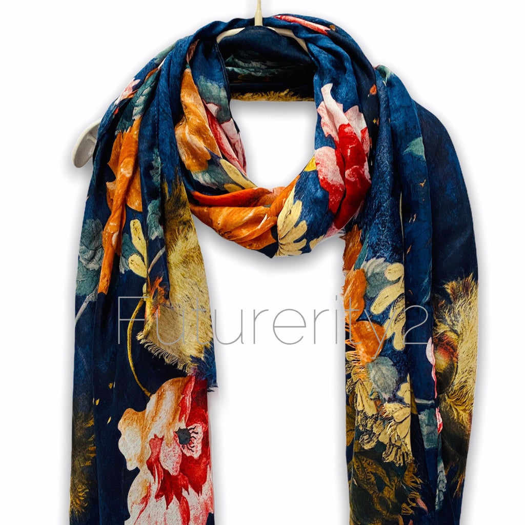 Vintage Peony Flowers Blue Cotton Scarf