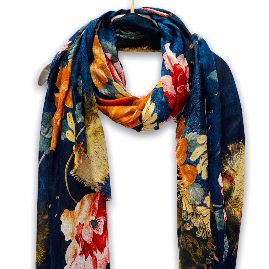 Vintage Peony Flowers Blue Cotton Scarf