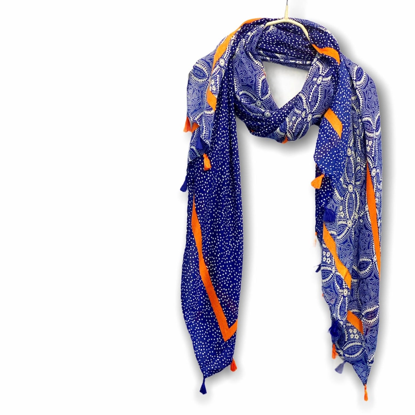 Paisleys With Orange Tassels Blue Cotton Scarf/Spring Summer Autumn Scarf/Gifts For Her/Gifts For Mom/Scarf Women/Birthday Christmas Gifts