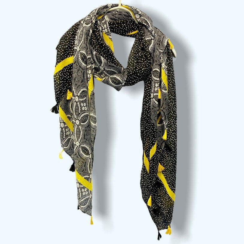 Paisleys With Yellow Tassels Black Cotton Scarf/Spring Summer Autumn Scarf/Gifts For Her/Gifts For Mom/Scarf Women/Birthday Christmas Gifts