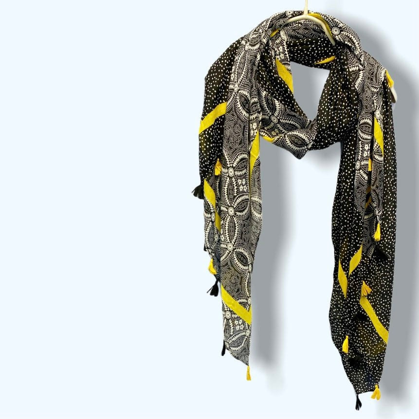 Paisleys With Yellow Tassels Black Cotton Scarf/Spring Summer Autumn Scarf/Gifts For Her/Gifts For Mom/Scarf Women/Birthday Christmas Gifts