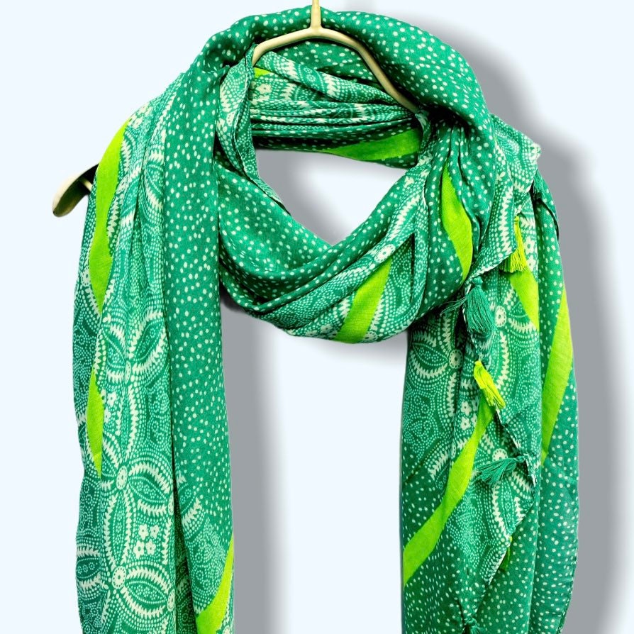 Paisleys With Green Tassels Green Cotton Scarf/Spring Summer Autumn Scarf/Gifts For Her/Gifts For Mom/Scarf Women/Birthday Christmas Gifts