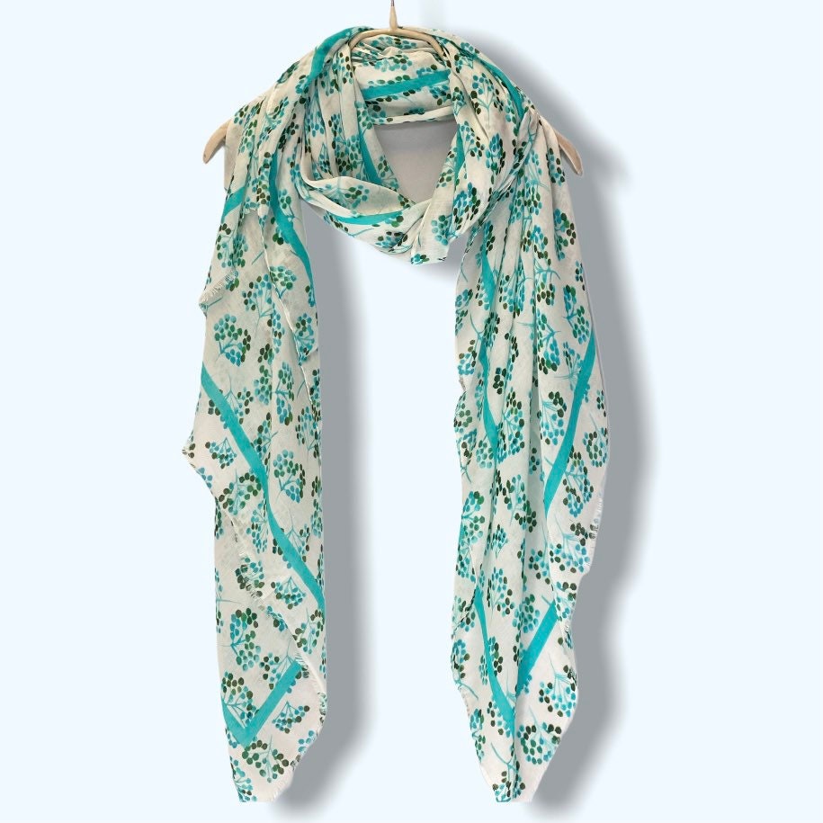 Micro Flowers Stem Light Blue Cotton Scarf/Spring Summer Autumn Scarf/Gifts For Her/Gifts For Mom/Birthday Gifts/Scarf Women/Christmas Gifts