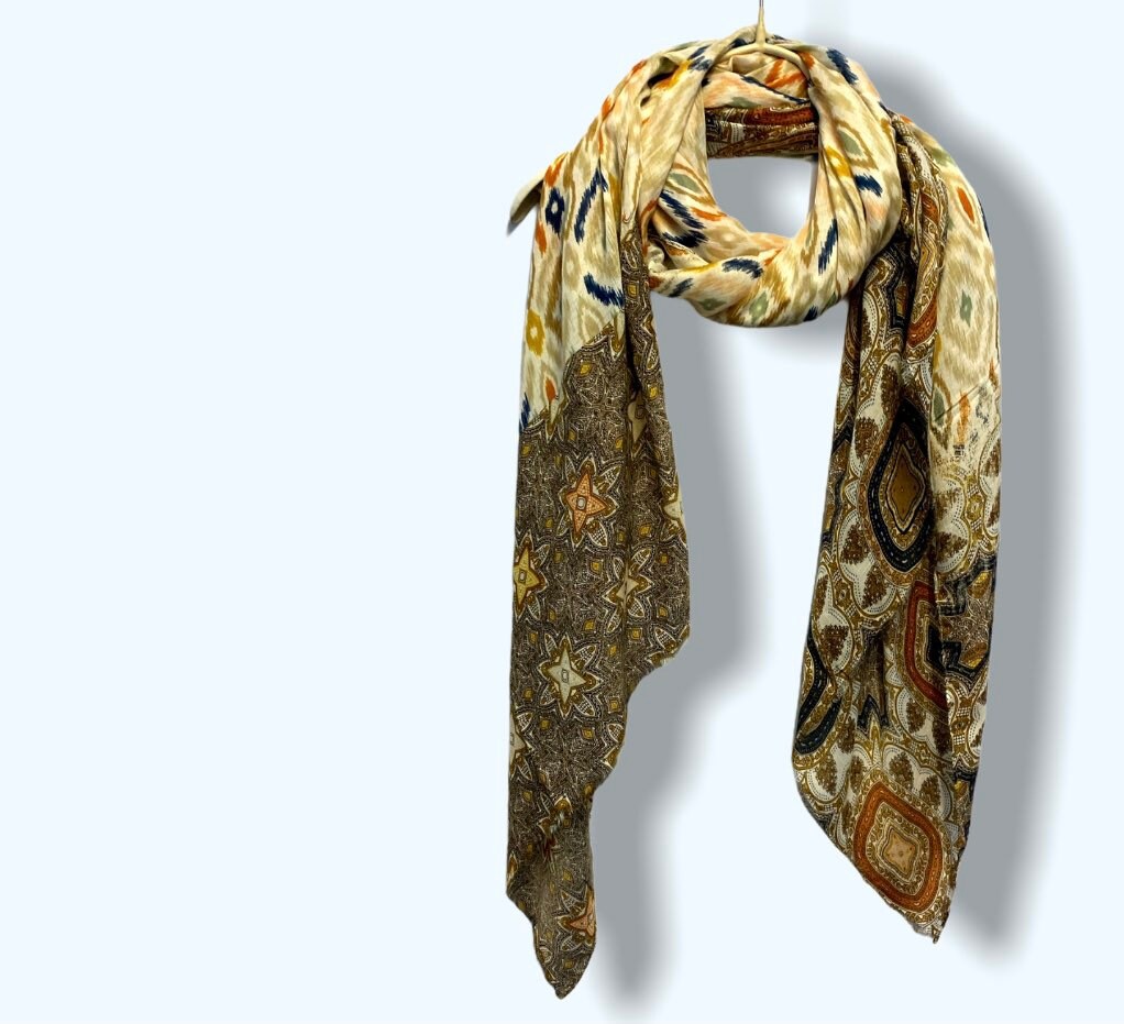 Bohemian Paisley Ikat Pattern Beige Cotton Scarf/Spring Summer Scarf/Gifts For Mom/Scarf Women/Gifts For Her/Christmas Birthday Gifts
