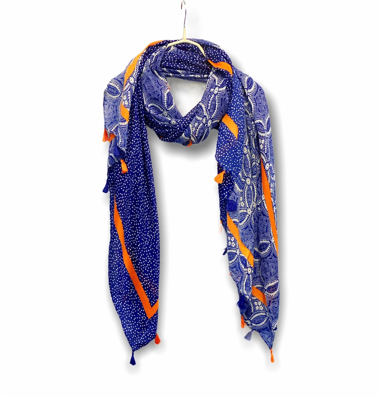 Paisleys With Orange Tassels Blue Cotton Scarf/Spring Summer Autumn Scarf/Gifts For Her/Gifts For Mom/Scarf Women/Birthday Christmas Gifts