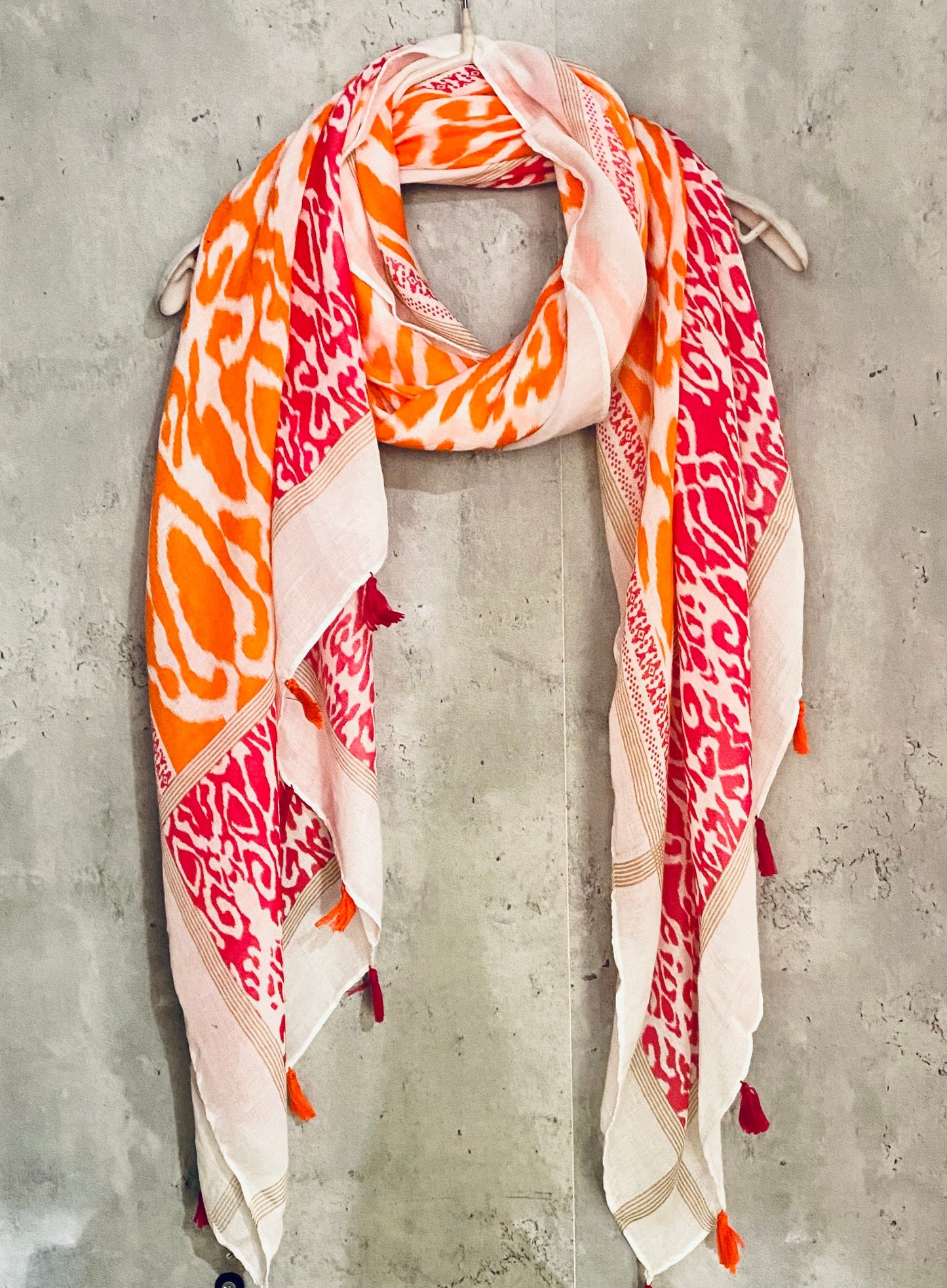 Bohemian Ikat Pattern with Tassels In Orange Pink Cotton Blend Scarf